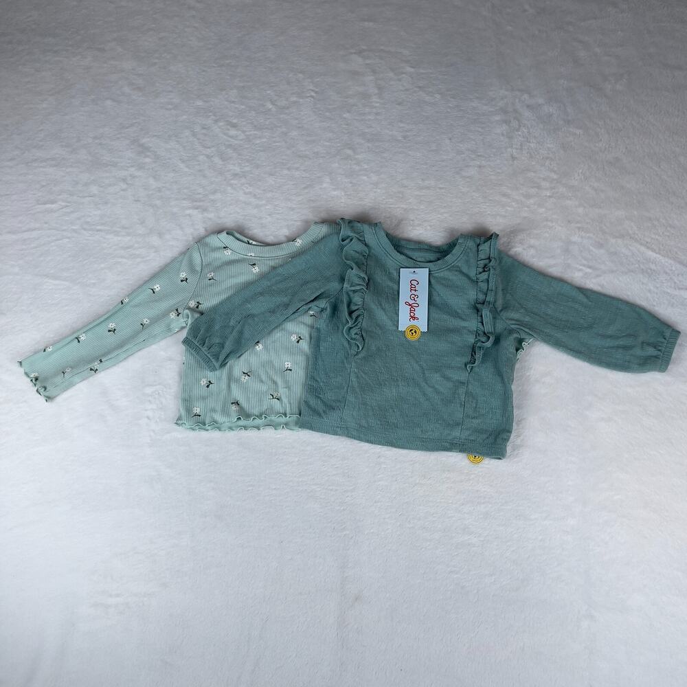 Lot‎ of 2 Cat & Jack T-Shirt Girls Toddler 18M Mint Green Floral Long Sleeve